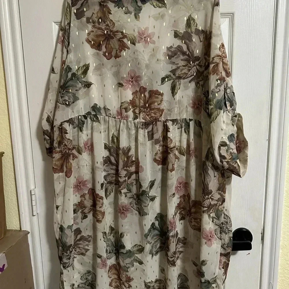 Torrid Sheer Floral Chiffon High Low Tunic Shirt Dress Plus Sz 4 Ivory Gold - Picture 3 of 5